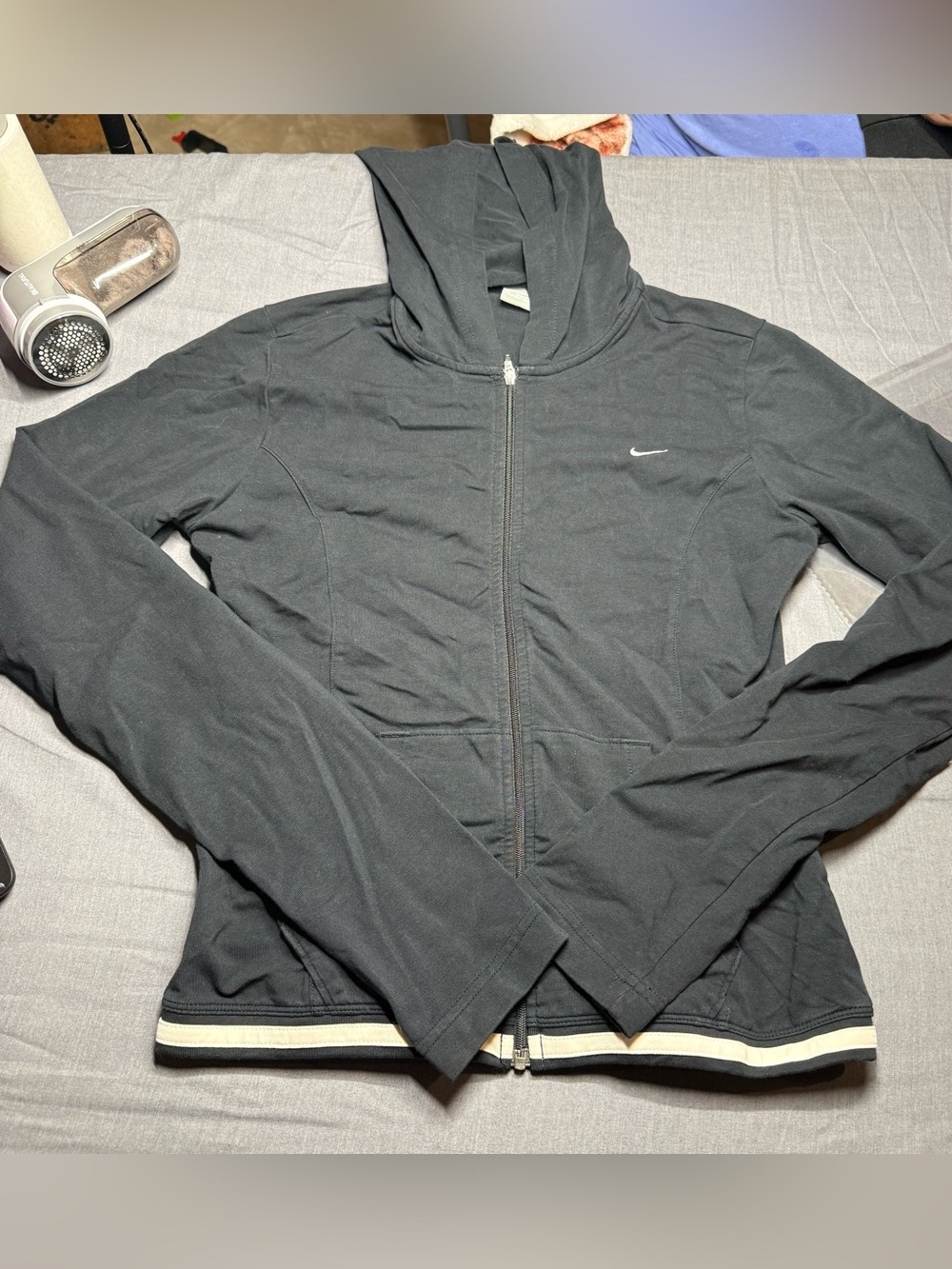 Nike Women’s Black Hooded Zip Bomber Jacket with White Trim